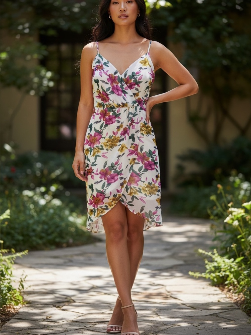 Love Tree White Floral Wrap Midi Dress with Pink & Yellow Blooms